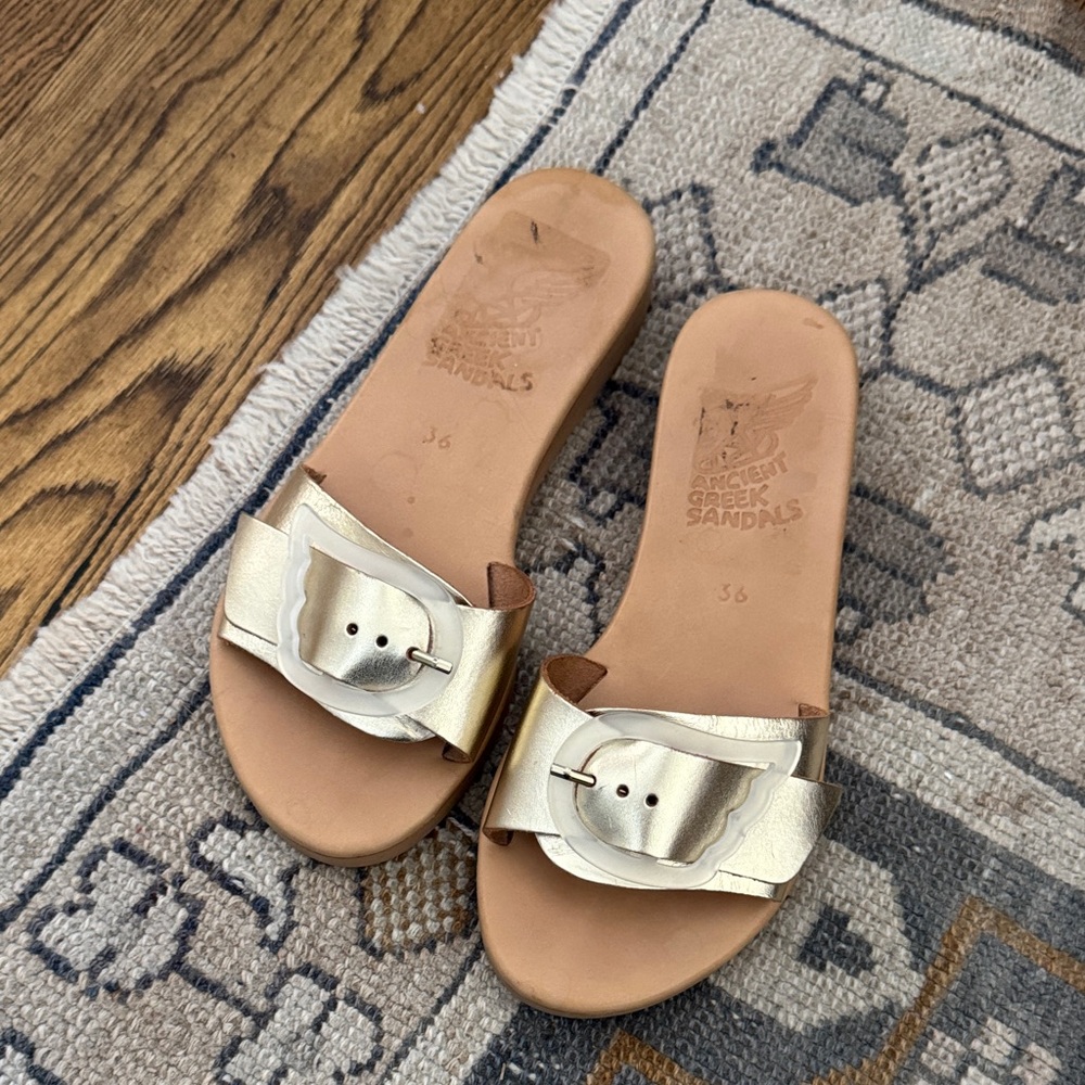 Ancient Greek Sandals Metallic Gold Buckle Slides size 36